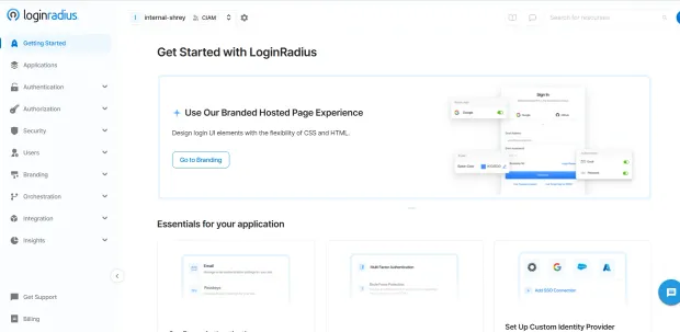LoginRadius dashboard “Get Started” screen showing onboarding options and navigation menu. Highlights branding setup and essential configuration tiles