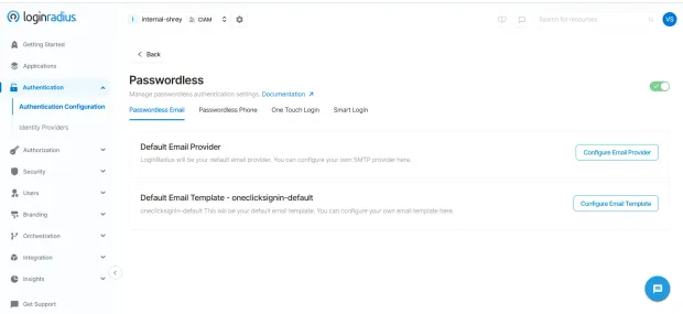 LoginRadius Passwordless Authentication configuration page displaying email provider and template options. Shows available passwordless methods like email, phone, and smart login