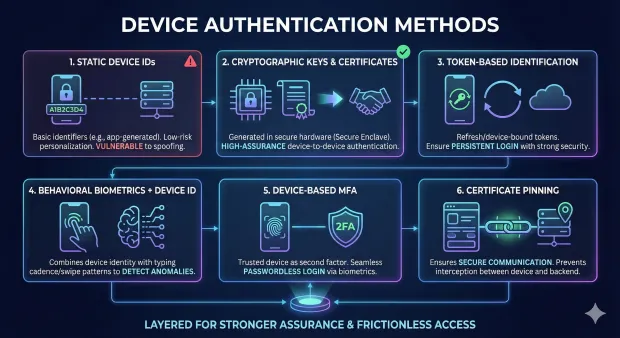 Infographic outlining six device authentication methods, from static IDs to cryptographic keys, tokens, behavioral biometrics, MFA, and certificate pinning. Shows how layered techniques increase security and enable frictionless access