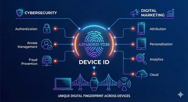 Device ID infographic showing a digital fingerprint connecting cybersecurity and digital marketing uses. Icons represent authentication, fraud prevention, attribution, personalization, analytics, cloud, and multi-device links