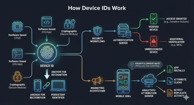 Infographic titled “How Device IDs Work” showing hardware, software, and cryptographic inputs forming a central device ID. Arrows depict security checks for verified vs unrecognized devices, and marketing uses like installs, attribution, and fraud detection