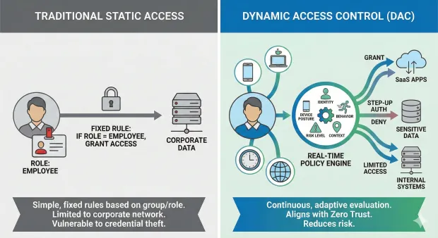 Dynamic Access Control vs traditional static access diagram. Shows fixed role-based access on the left and real-time, risk-based decisions on the right