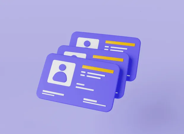 3D render of transparent digital ID cards with user icons and data fields on a dark purple background. Symbolizes modern identity management, digital credentials, or virtual profiles.