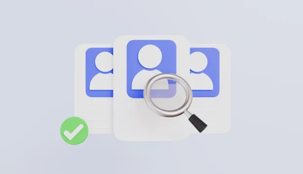 3D illustration of a magnifying glass examining user profile cards, with a green checkmark indicating successful profile selection or verification.