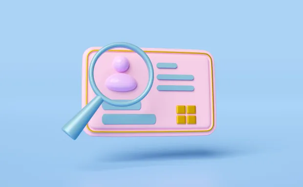 3D illustration of a magnifying glass hovering over a pastel-colored ID card with a user profile icon, symbolizing identity verification or user search.