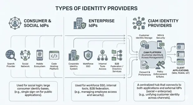An illustration highlighting the three types of Identity Providers.