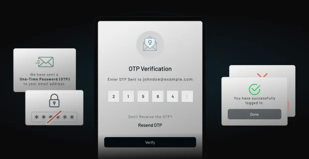 LoginRadius OTP verification screen showing email-based one-time password entry and successful login confirmation.