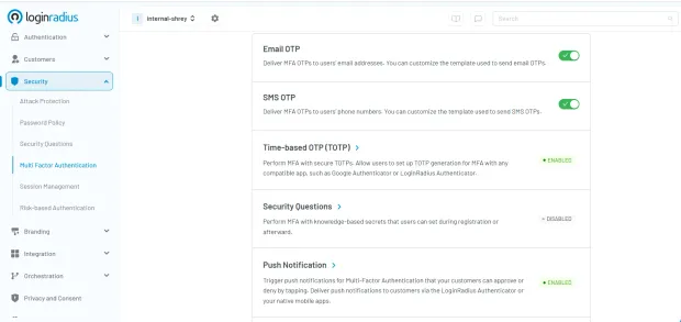 LoginRadius dashboard displaying multi-factor authentication options including Email OTP, SMS OTP, TOTP, security questions, and push notifications.
