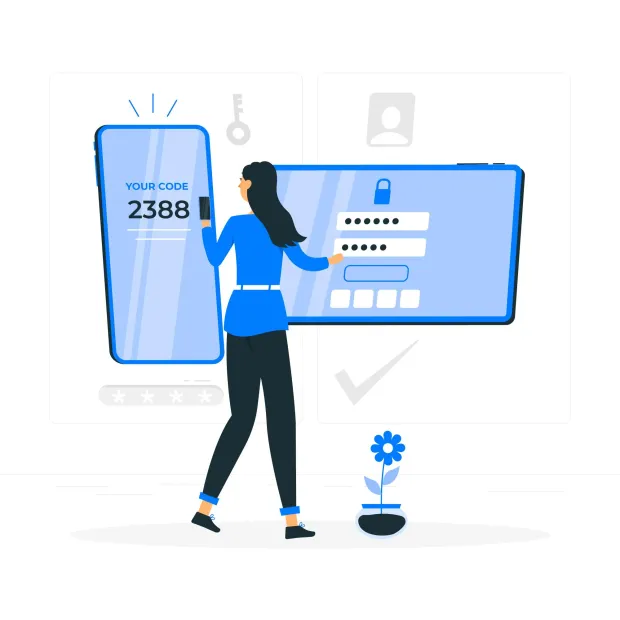 Illustration of a woman using a smartphone to enter a one-time password (OTP) for secure login verification on a digital interface.