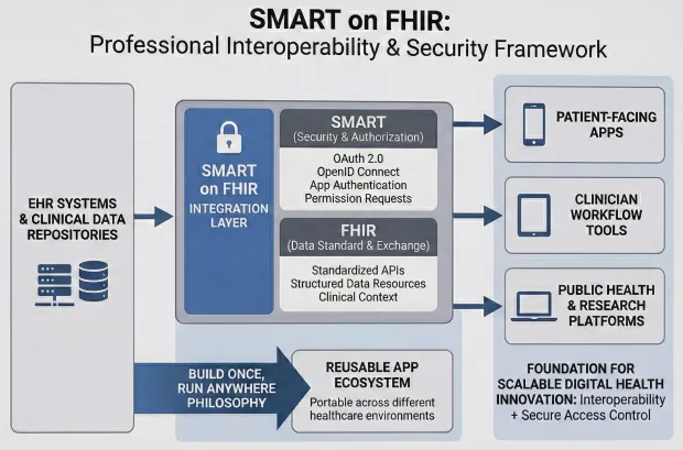 SMART on FHIR interoperability diagram linking EHR systems through a SMART on FHIR integration layer. Shows secure APIs enabling reusable apps for patients, clinicians, and public health/research platforms