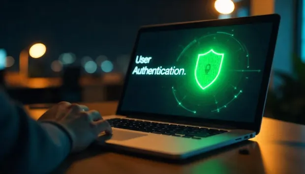 Illustration showing a user signing in into a laptop with user authentication written on screen.