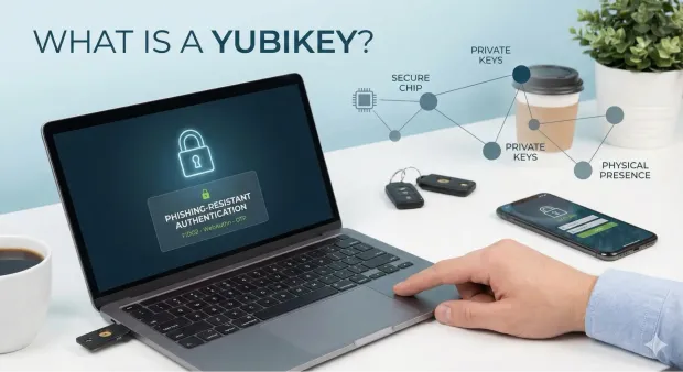 A person uses a laptop with a YubiKey inserted, showing a screen that reads Phishing-Resistant Authentication.
