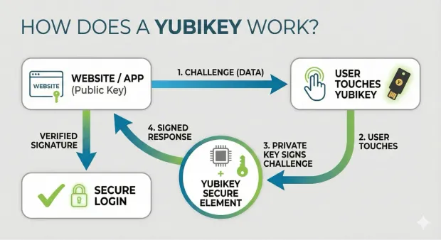 A diagram showing the YubiKey login flow, where a website sends a challenge and the user touches the YubiKey to authenticate.