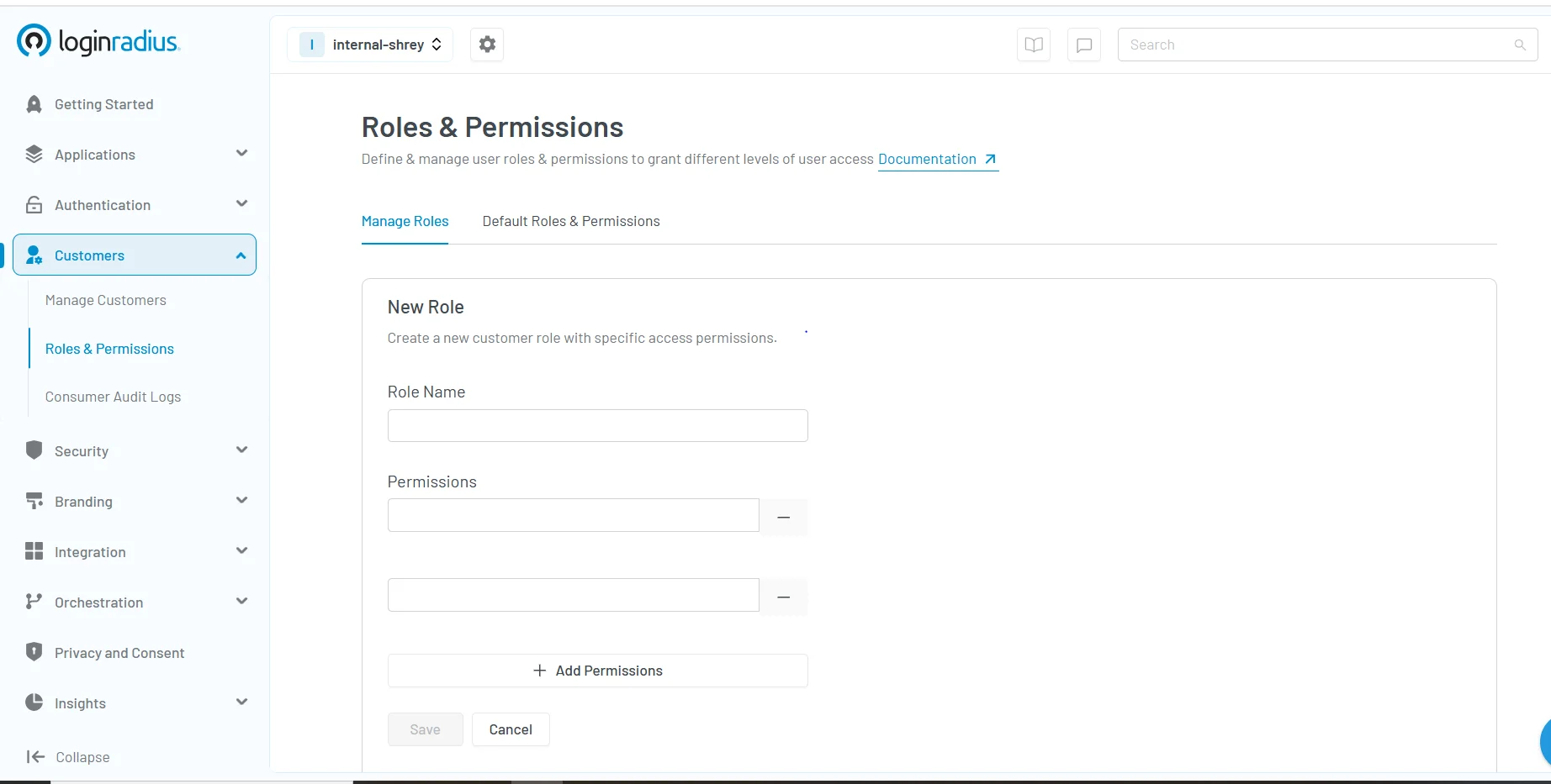 Screenshot of LoginRadius admin console showing the creation of a new user role with custom permissions.