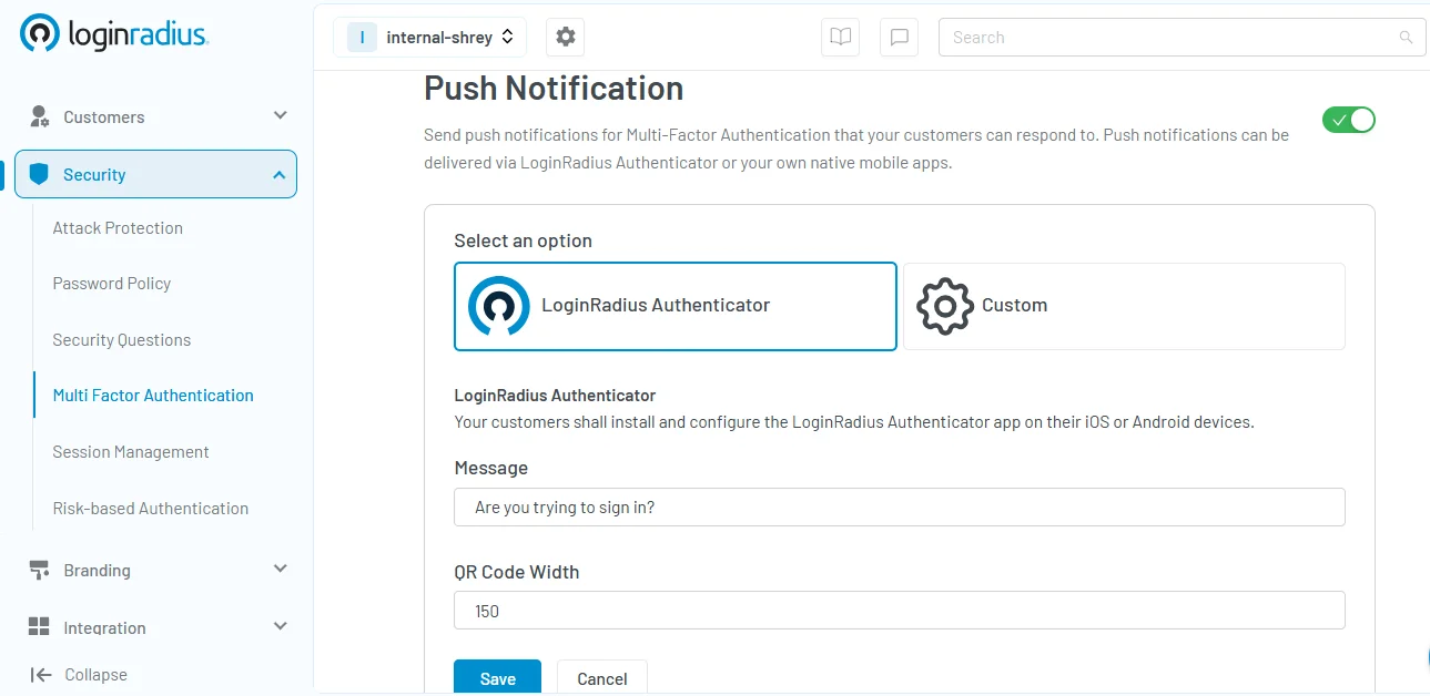 LoginRadius dashboard showing push notification authentication setup for Multi-Factor Authentication (MFA) with options for LoginRadius Authenticator or custom integration.