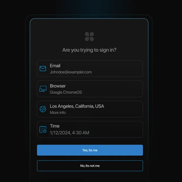 Login verification prompt displaying email, browser, location, and time details with "Yes, It's me" and "No, It's not me" options.