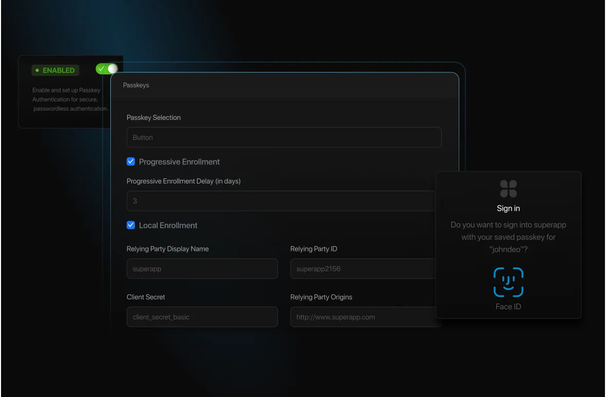 Passkey authentication settings enabled, showing options for progressive and local enrollment, relying party details, and a Face ID sign-in prompt for passwordless access.