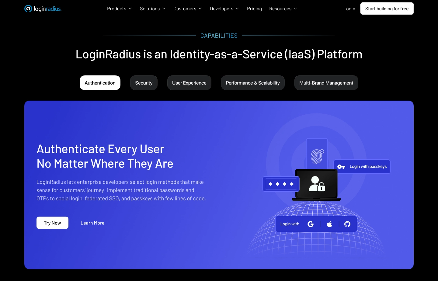 This image shows a breakdown of all the LoginRadius CIAM capabilities, including authentication, security, UX, scalability and multi-brand management.