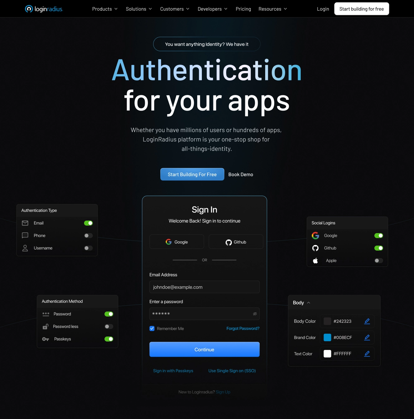 This image shows how LoginRadius offers several authentication methods like traditional login, social login, passwordless login, passkeys and more in a dark mode.